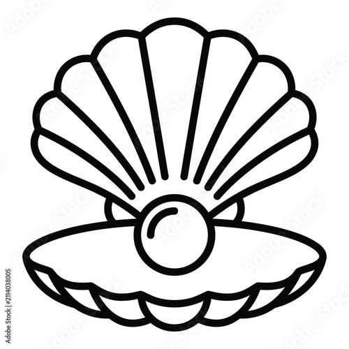 Simple line drawing of an open scallop shell with a pearl inside icon