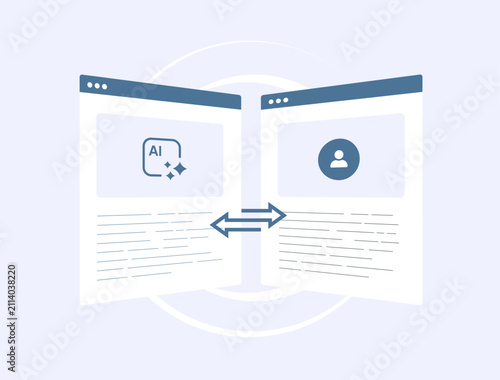 Fotografi AI content comparison with human content evaluation, originality verification, authorship analysis and content authenticity assessment for trusted content verification flat design vector illustration