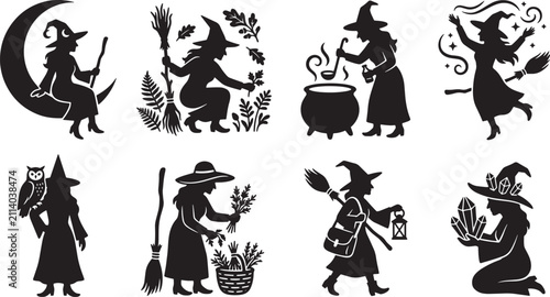Canvastavla Witch silhouette collection with 8 mystical icons, black magic sorceress vector