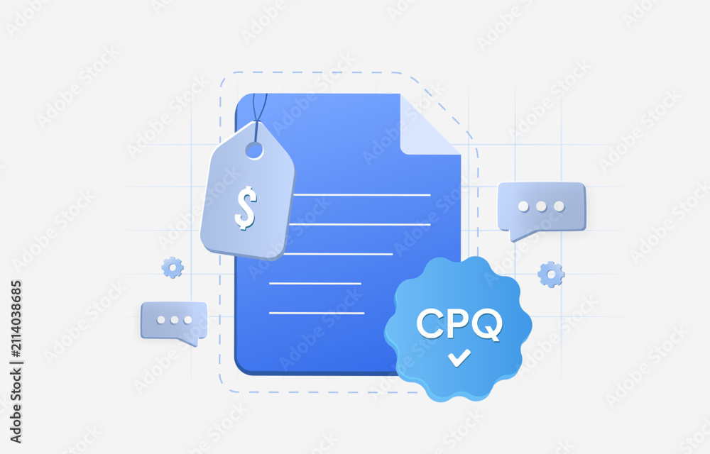 Fototapeta premium CPQ approval with quote validation, pricing review, approval workflow, sales automation and document verification for accurate quote-to-cash processes. Flat design vector illustration.