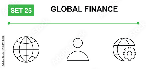Set 25 Global Finance icons set thin line globe world grid user profile avatar globe gear cog wheel network vector symbol