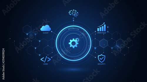 Digital transformation concept with automation gear icon and technology elements on blue background
