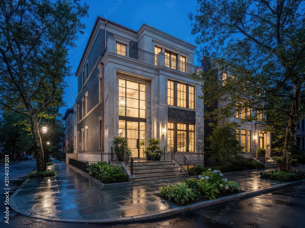 Fototapeta premium Modern stone townhouse on wet corner street at dusk