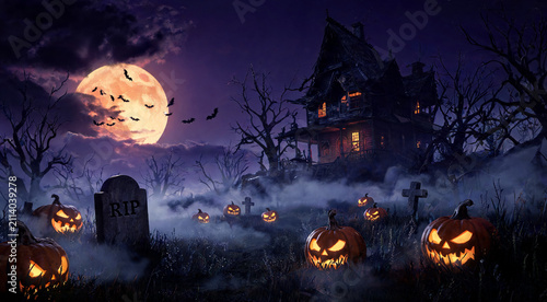 Haunting night with glowing pumpkins under a full moon at the eerie old mansion