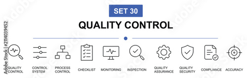 Bild auf Leinwand Set 30 Quality Control icons set thin line magnifying glass pulse control slider