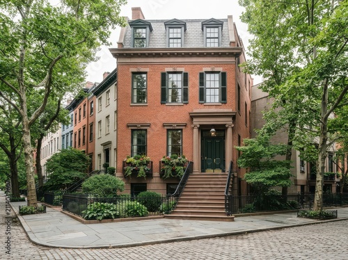 Red brick corner townhouse with mansard roof and stoop