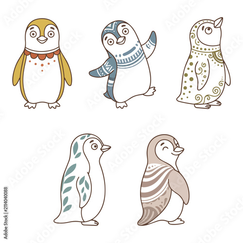 Foto Set of cute hand drawn penguin characters with decorative patterns character dec