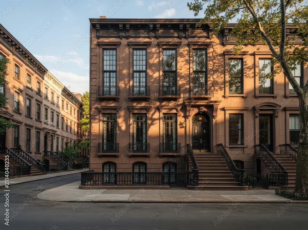 Fototapeta premium Historic brick townhouse facade with tall windows and front stoop