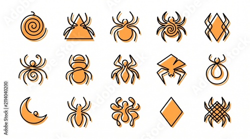 Set of various stylized spider icons and geometric shapes in orange and black line art design style