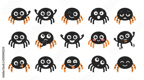 Set of cute cartoon spider characters with various funny expressions and poses for halloween design elements