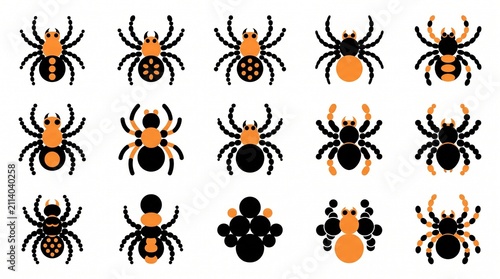 Collection of various spider icons and illustrations featuring different species and artistic styles for halloween and nature designs