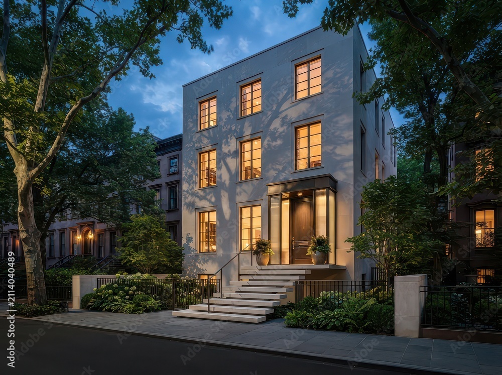 Fototapeta premium Modern white townhouse with front garden and illuminated windows at dusk