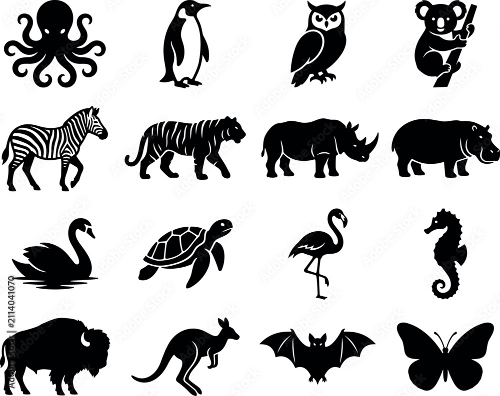 Fototapeta premium Wild animals and marine life black silhouettes vector set with birds mammals insects and sea creatures isolated on white background