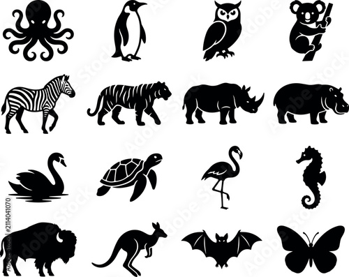 Photography Wild animals and marine life black silhouettes vector set with birds mammals ins