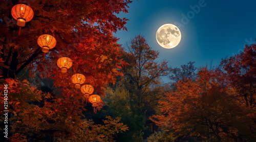 Glowing Japanese lanterns hanging from autumn trees under a bright full moon in the dark night sky