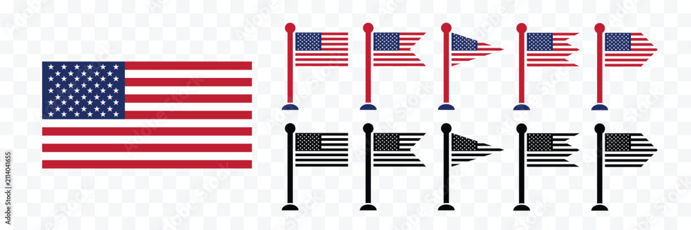 Obraz premium USA flag icon set. Different flag icons set. USA waving flag collection,Stripes flags united states with stars. American national symbol isolated on transparent background. Vector illustration.
