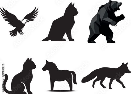 Canvas Print Wild Animal Silhouette Vector Set – Eagle, Bear, Cat, Dog and Fox Collection