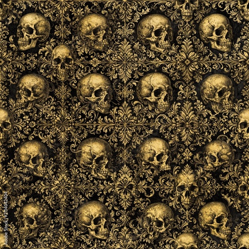 Seamless Tileable Pattern of Victorian Skull Damask Engraving