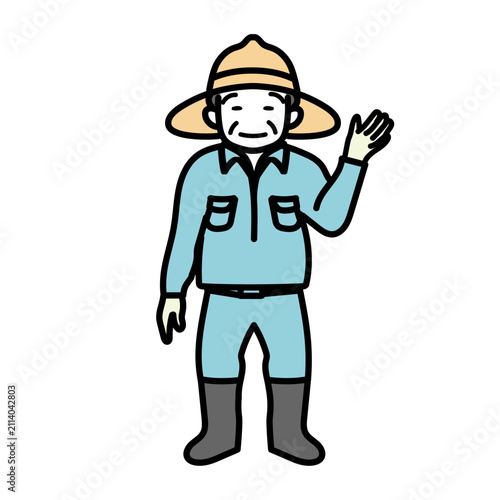 畑で笑顔で手を振る高齢の男性農家｜作業服と麦わら帽子を身につけて温かく挨拶する人物イラスト