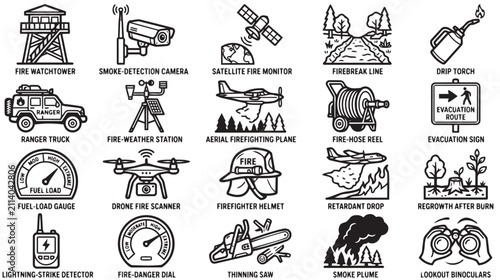 Detailed set of wildfire prevention and firefighting icons showing equipment and surveillance technology isolated on a white background design.