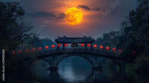 Serene Night Landscape of a Traditional Chinese Arch Bridge with Red Lanterns and a Giant Full Moon