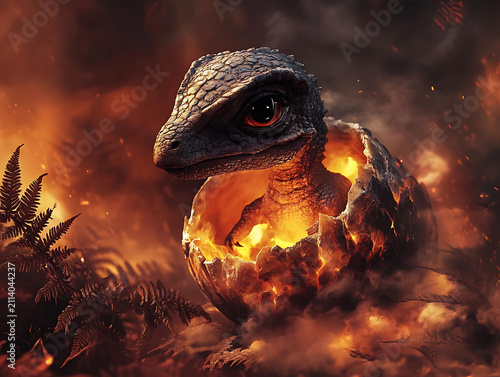 Baby Dinosaur Emerging from Egg in a Fiery Fantasy Environment with Dramatic Lighting.