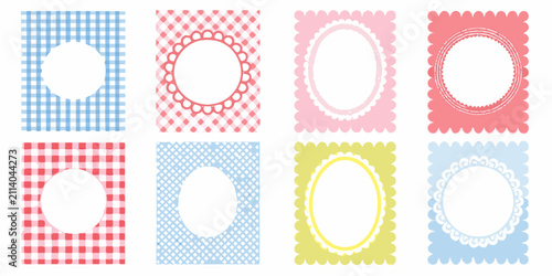 pastel frames with gingham patterns on white background collection oval shapes checkered designs scalloped edges blue frame pink yellow vector illustration flat design