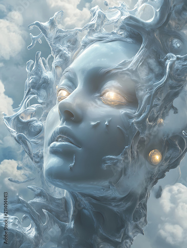 Mystical Ethereal Face Emerging from Clouds in a Fantasy Landscape.