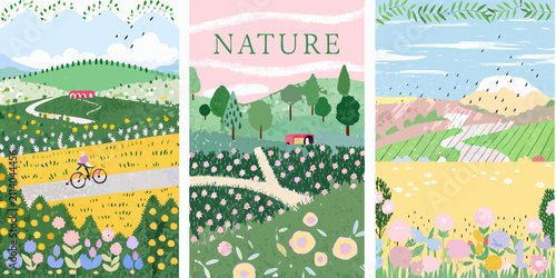 vibrant nature scenes detailed vector illustration landscape flowers trees mountains sky clouds pathway bicycle house car rain seasons outdoor environment ecology scenic view