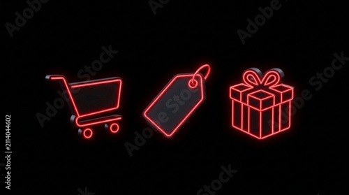Three neon red icons of a shopping cart, price tag, and gift box against a black background. 