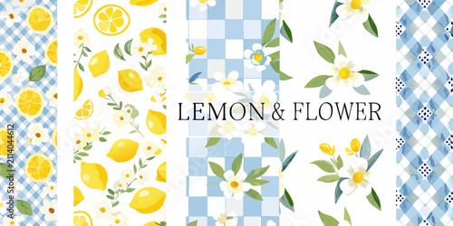 lemon and flower watercolor pattern on blue checkered background fruit blossom floral design illustration summer fresh natural botanical artwork print fabric textile decoration