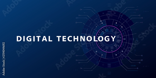 Obraz na płótnie digital technology text with futuristic circular interface on dark blue backgrou