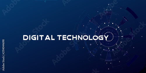 Fotografía digital technology text on futuristic dark blue banner glowing circle geometric