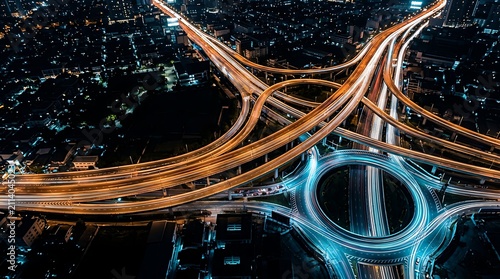 Aerial view of a complex highway interchange at night