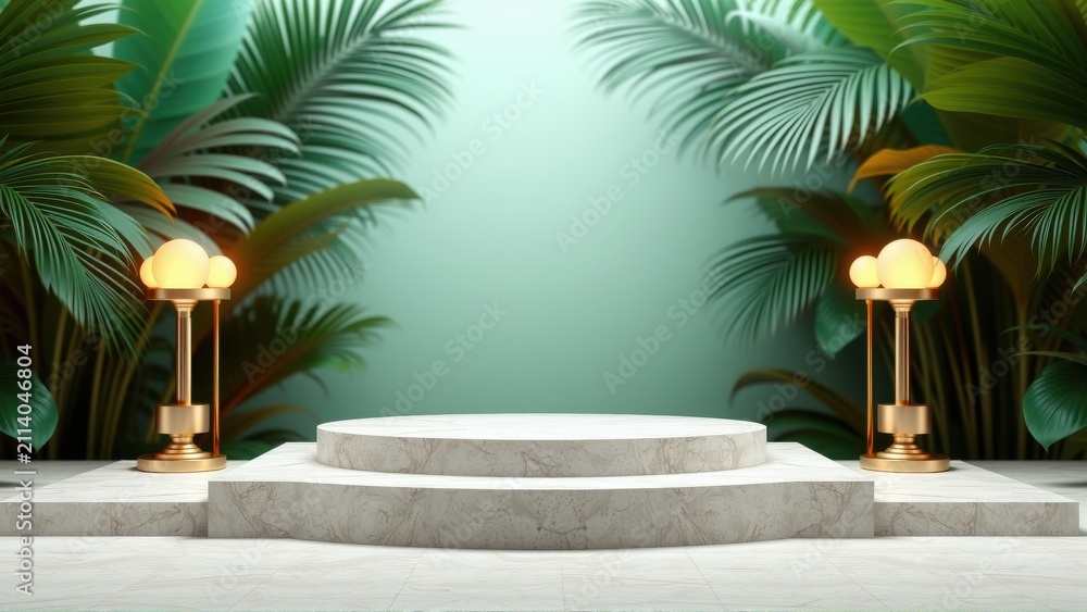 Fototapeta premium Minimalist stage setup. Round marble platform surrounded by lush tropical foliage. Soft lighting creates dramatic presentation space.