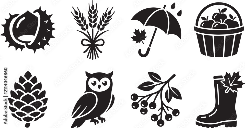 Obraz premium Autumn season black icons set, 8 fall nature elements vector collection, minimalist harvest and weather symbols for seasonal design