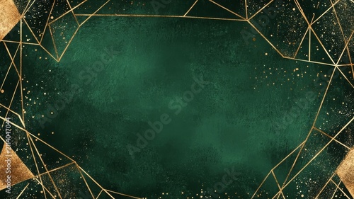 Elegant dark green luxury background with golden geometric lines and glittering dust particles for sophisticated graphic design projects.