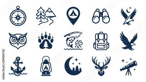 Set Of Camping And Outdoor Adventure Icons On White Background