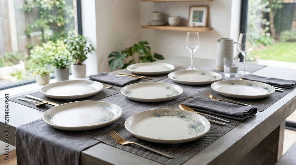 Fototapeta premium Table setting with elegant ceramic plates featuring peacock feather pattern. Festive dining arrangement on modern concrete surface for home dinner gathering. Decor and interior style