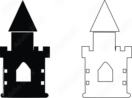 Gothic castle silhouette and outline set, featuring a pointed roof tower, arched window, and crenelated walls on white background