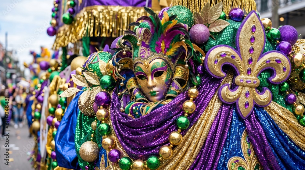 Naklejka premium Vibrant mardi gras celebration with festive masks and beads in new orleans parade. concept of cultural tradition, festive spirit, colorful celebration, new orleans tourism.