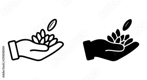 Hand Holding Seeds and Coins, Investment Growth Icons. Financial Seedling, Wealth Accumulation, Business Opportunity Vector Set.