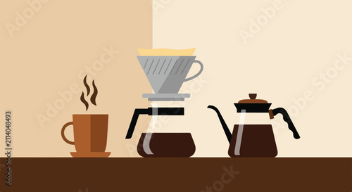 Photography This minimalist vector illustration showcases a steaming mug of coffee, a pour-over dripper on a carafe, and a gooseneck kettle on a table