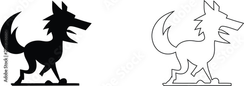 Cuadro en lienzo Cartoon wolf silhouette and outline showing a snarling animal in profile, isolat