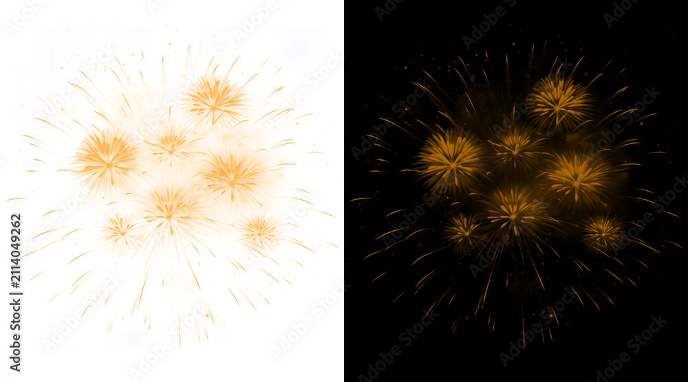 Fototapeta premium Golden fireworks explosion on black and white backgrounds, festive firework burst for holiday celebration, glowing pyrotechnic display for New Year party