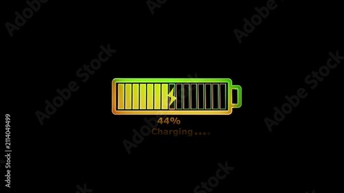 A digital battery hundred  percent charge with a lightning bolt symbol signifying charging status against a dark background with a green to orange color gradient fill.