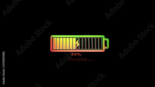 A digital battery hundred  percent charge with a lightning bolt symbol indicating charging progress against a stark black background with green to red color gradient.