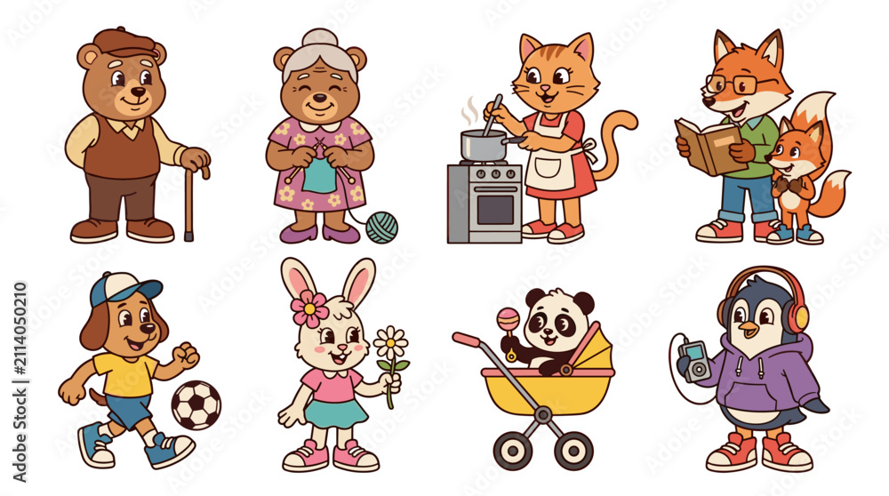 Obraz premium Set of retro animal characters including bear, fox, cat, dog, rabbit, panda, penguin, engaged in daily human activities, vintage style illustrations
