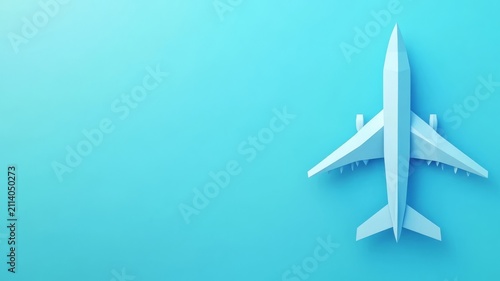 Minimalist paper airplane illustration over solid sky blue background concept for aviation travel tourism industry design.