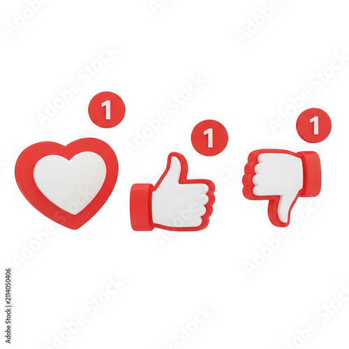 Social media reaction icons with notification number one isolated